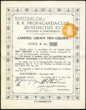 R.K. Propaganda-club "Benedictus XV", Aandeel, 10 Gulden, 1 November 1919