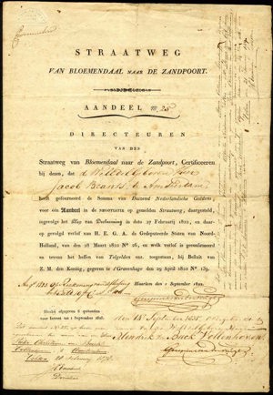 Straatweg van Boemendaal naar De Zandpoort, Aandeel, 1000 Gulden, 1 September 1822