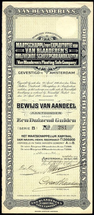 Maatschappij tot Exploitatie van Van Blaaderen's Drijvende Scheepsbrandkasten N.V., Bewijs van aandeel, serie B, 1000 Gulden, 27 October 1919