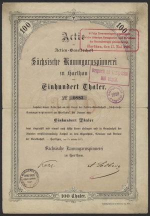 Germany, Sachsische Kammgarnspinnerei zu Harthau A.G., Actie, 100 Thaler, 15 October 1871