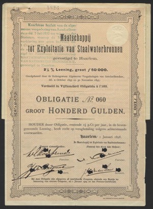 Maatschappij tot Exploitatie van Staalwaterbronnen, Obligatie, 100 Gulden, 1 Januari 1898
