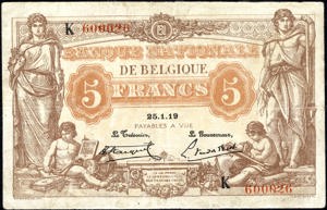 Belgium, P74b, B534b, Morin 8b, 5 Francs, 25.1.19