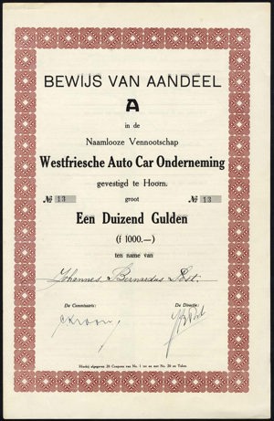 Westfriesche Auto Car Onderneming (WACO), Bewijs van aandeel A, 1000 Gulden, 1930