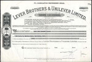 Great Britain, Lever Brothers & Unilever Limited, Certificate of 7% cumulative preference stock, 5 Pounds, 9 March 1950
