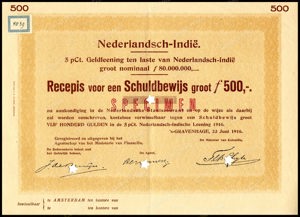 Nederlandsch-Indie, 5% lening 1916, Recepis voor een schuldbewijs, 500 Gulden, 23 Juni 1916, SPECIMEN