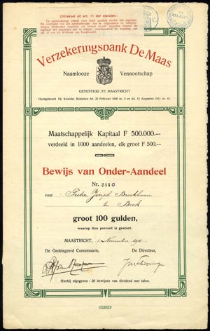 Verzekeringsbank De Maas N.V., Bewijs van onder-aandeel, 100 Gulden, 1 November 1911