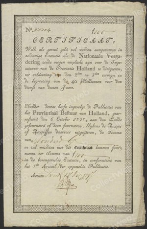 Provintiaal Bestuur van Holland, Certificaat, 100 Gulden, 27 December 1797