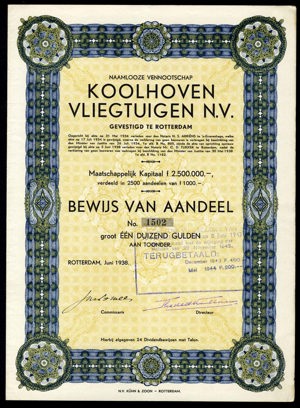 Koolhoven Vliegtuigen N.V., Bewijs van aandeel, 1000 Gulden, Juni 1938