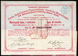 Eerste Nederlandsch-Transvaalsche Goudemijn-Maatschappij N.V., Bewijs van 50 volgestorte aandelen, serie I, 600 Gulden, 24 April 1889