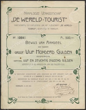 De Wereld-Tourist N.V., Bewijs van Aandeel, 500 Gulden, 15 juni 1901