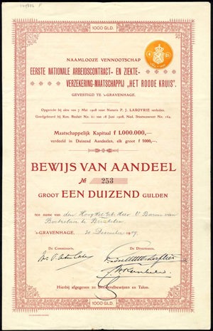 Eerste Nationale Arbeidscontract- en Ziekte- Verzekering-Maatschappij "Het Roode Kruis" N.V., Bewijs van aandeel, 1000 Gulden, 30 December 1909