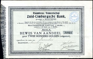 Zuid-Limburgsche Bank N.V., Bewijs van aandeel, serie A, 200 Gulden, 1 November 1901