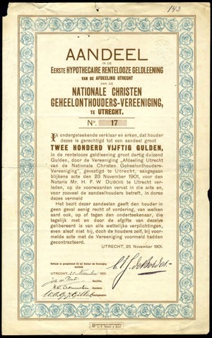 Nationale Christen Geheelonthouders-Vereeniging, Aandeel (Obligatie), 250 Gulden, 25 November 1901
