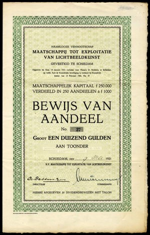 Maatschappij tot Exploitatie van Lichtbeeldkunst N.V., Bewijs van aandeel, 1000 Gulden, 9 May 1921