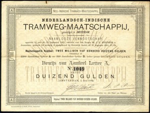 Nederlandsch-Indische Tramweg-Maatschappij N.V., Bewijs van aandeel Letter A, 1000 Gulden, 1 June 1882