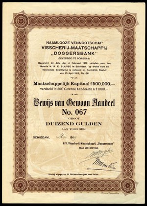 Visscherij-Maatschappij "Doggersbank" N.V., Bewijs van gewoon aandeel, 1000 Gulden, May 1919