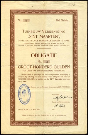 Tuinbouw-Vereeniging "Sint Maarten", Obligatie, 100 Gulden, 1 May 1907