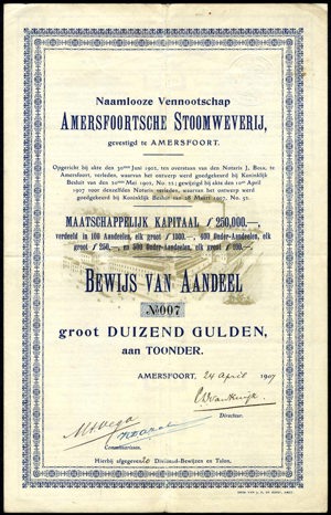 Amersfoortsche Stoomweverij N.V., Bewijs van aandeel, 1000 Gulden, 24 April 1907