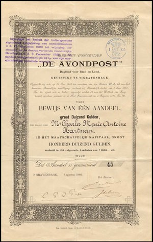 De Avondpost, Dagblad voor Stad en Land N.V., Bewijs van één aandeel, 1000 Gulden, August 1893