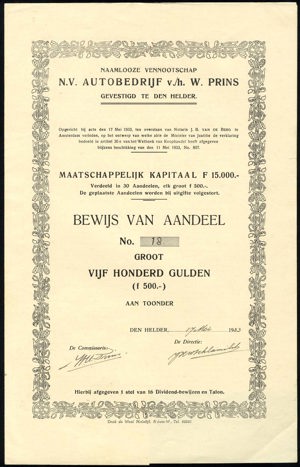 Autobedrij v./h. W. Prins N.V., Bewijs van aandeel, 500 Gulden, 17 May 1933