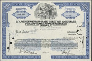 Gemeenschappelijk Bezit van Aandeelen Philips' Gloeilampenfabrieken N.V., Certificate for less than 100 common shares of 10 Guilders each, 27 October 1976