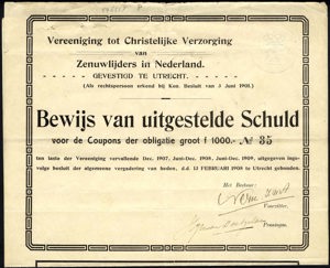 Vereeniging tot Christelijke Verzorging van Zenuwlijders in Nederland, Bewijs van uitgestelde schuld, 13 February 1908