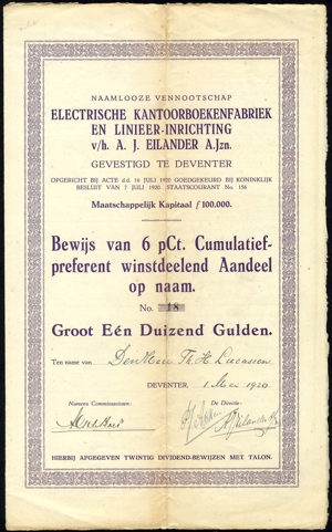 Electrische Kantoorboekenfabriek en Linieer-Inrichting v/h A.J. Eilander A.Jzn., Bewijs van 6% Cumulatief-preferent winstdeelend aandeel, 1000 Gulden, 1 Mei 1920