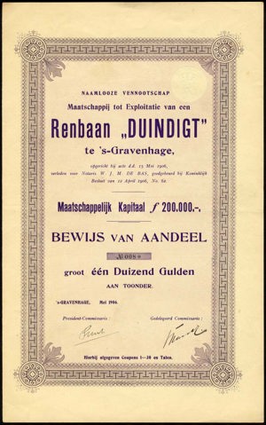 Maatschappij tot Exploitatie van een Renbaan "Duindigt", Bewijs van aandeel, 1000 Gulden, Mei 1906