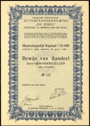 Autobusonderneming "De IJssel" N.V., Bewijs van aandeel, 500 Gulden, 1932