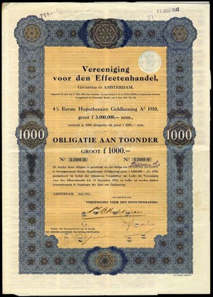 Vereeniging voor den Effectenhandel, Obligatie aan toonder, 1000 Gulden, June 1911