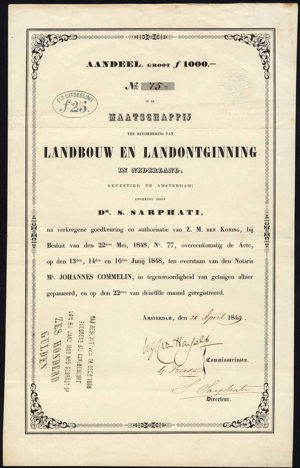 Maatschappij ter bevordering van Landbouw en Landontginning in Nederland, Aandeel, 1000 Gulden, 20 April 1849