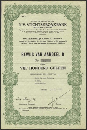 Stichtse Boaz Bank N.V., Bewijs van aandeel B, 500 Gulden, 31 December 1948