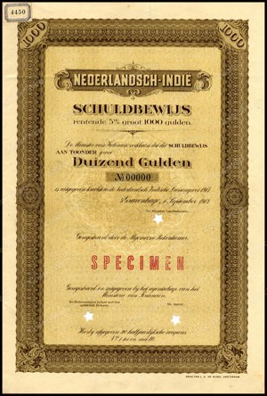 Nederlandsch-Indie, 5% lening 1917, Schuldbewijs, 1000 Gulden, 1 September 1917, SPECIMEN