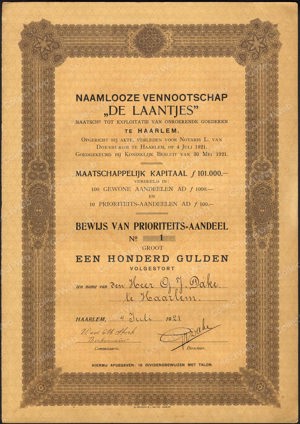 Maatschappij tot Exploitatie van Onroerende Goederen "De Laantjes" NV, Bewijs van prioriteits-aandeel, 100 Gulden, 4 Juli 1921, No 1