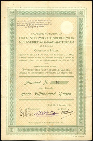 Eigen Stoombootonderneming Nieuwerdiep-Alkmaar-Amsterdam N.V., Aandeel, 500 Gulden, 1 December 1920