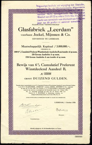 Glasfabriek "Leerdam" voorheen Jeekel, Mijnsen & Co. N.V., Bewijs van 6% cumulatief preferent winstdeelend aandeel, 1000 Gulden, 1 October 1920