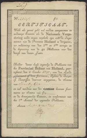 Provintiaal Bestuur van Holland, Certificaat, 20 Gulden, 27 December 1797