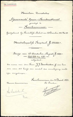 Graanmesto, Graan- en Kunstmesthandel, Bewijs van 25 aandelen, 25,000 Gulden, 31 December 1922
