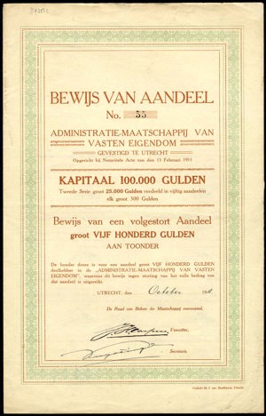 Administratie-Maatschappij van Vasten Eigendom, Bewijs van een volgestort aandeel, 500 Gulden, tweede serie, October 1918