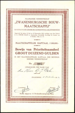 Zwanenburgsche Bouw-Maatschappij NV, Bewijs van prioriteitsaandeel, 1000 Gulden, 3 October 1922