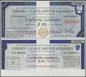 Gemeenschappelijk Bezit van Aandeelen Philips' Gloeilampenfabrieken N.V., 5 Gewone aandelen van 10 Gulden, 1 November 1973, Specimen