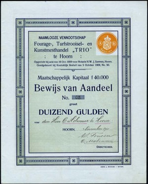 Fourage-, Turfstrooisel- en Kunstmesthandel "Trio", Bewijs van aandeel, 1000 Gulden, November 1911