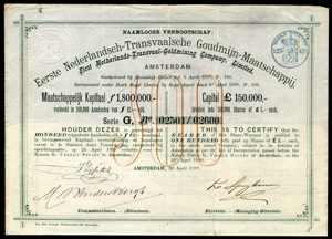 Eerste Nederlandsch-Transvaalsche Goudemijn-Maatschappij N.V., Bewijs van 100 volgestorte aandelen, serie G, 1200 Gulden, 24 April 1889