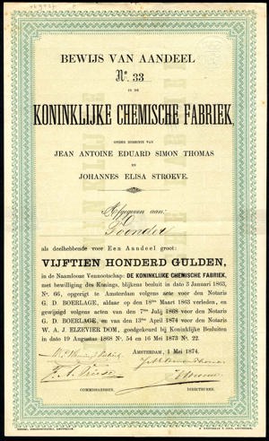 Koninklijke Chemische Fabriek, Aandeel, 1500 Gulden, 1 May 1874