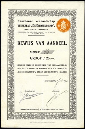 Weekblad "De Dierenvriend" N.V., Bewijs van aandeel, 25 Gulden, 1 July 1911