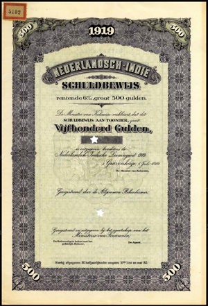 Nederlandsch-Indie, 6% lening 1919, Schuldbewijs, 500 Gulden, 1 Juli 1919