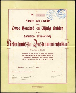 Nederlandsche Instrumentenfabriek N.V., Aandeel aan toonder, 250 Gulden, 18 April 1900