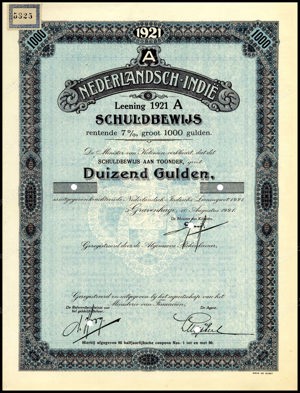 Nederlandsch-Indie, 7% lening 1921A, Schuldbewijs, 1000 Gulden, 10 Augustus 1921, PROOF