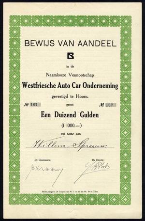 Westfriesche Auto Car Onderneming (WACO), Bewijs van aandeel B, 1000 Gulden, 1930
