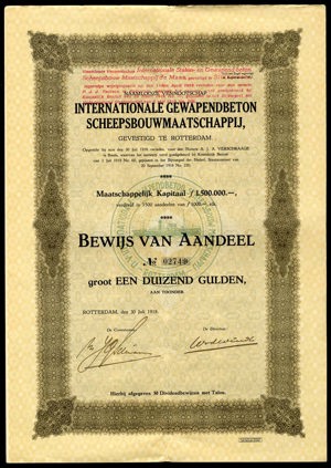 Internationale Gewapendbeton Scheepsbouwmaatschappij N.V., Bewijs van aandeel, 1000 Gulden, 30 Juli 1918